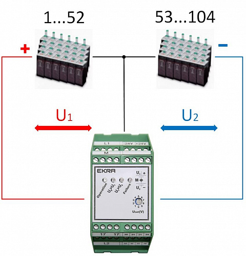 Connection scheme of battery symmetry monitoring relay